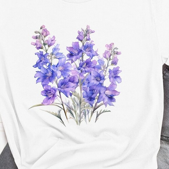 July Birthday Gift, July Birth Month Flower Shirt, Larkspur Birth Flower Tshirt - Picture 1 of 3